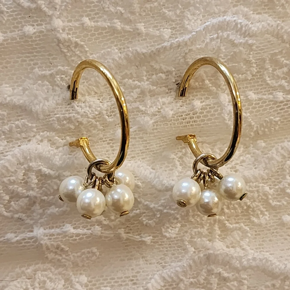 Gold Toned Hoops With Dangle Drop Faux Pearl Clusters Pierced Earrings